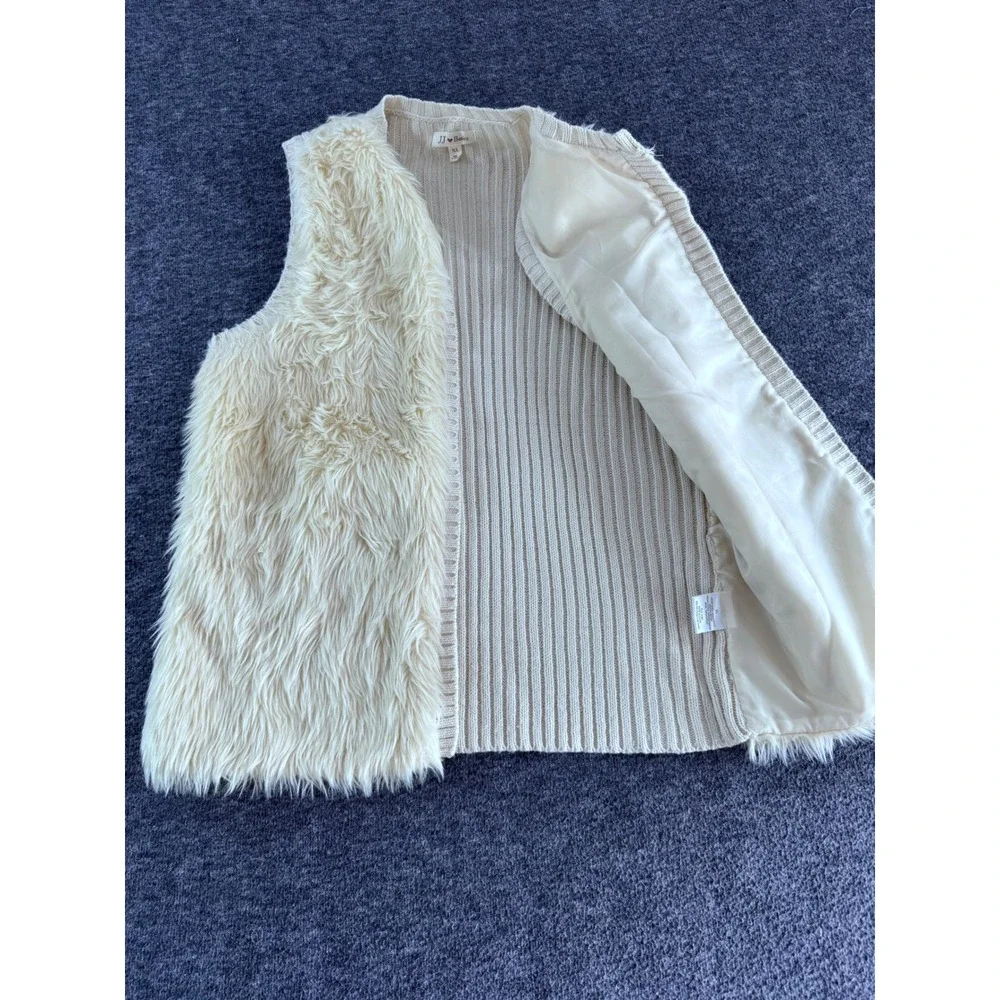 JJ Basics Womens XL Faux Fur Ribbed Knit Back Vest Cream Ivory Open Front Layer